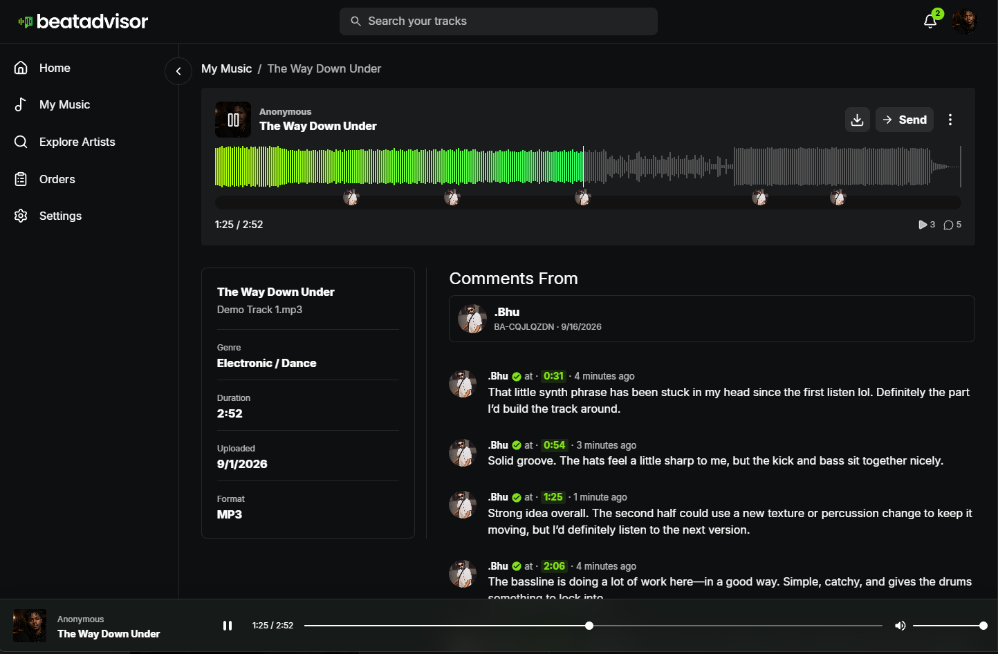 BeatAdvisor track page with timestamped artist feedback